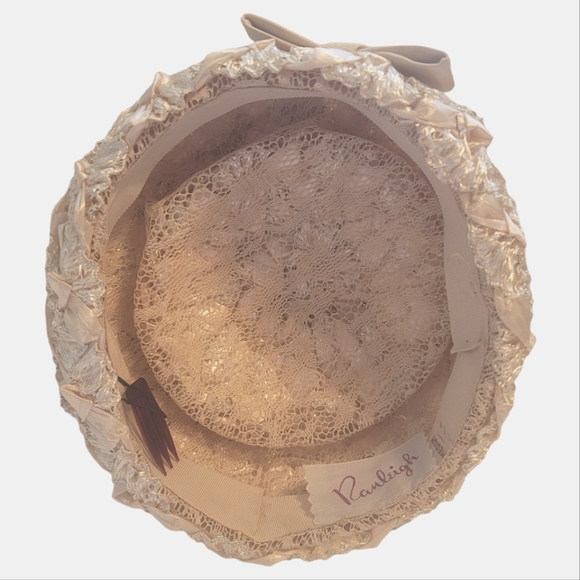 Vintage Ranleigh bridal wedding pillbox hat bridal ivory satin lace size medium - Picture 2 of 10